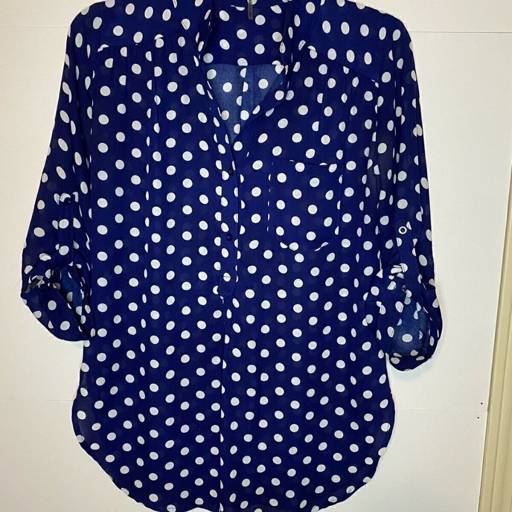 Depri Semi-Sheer Peasant Top Size Small Navy Polka